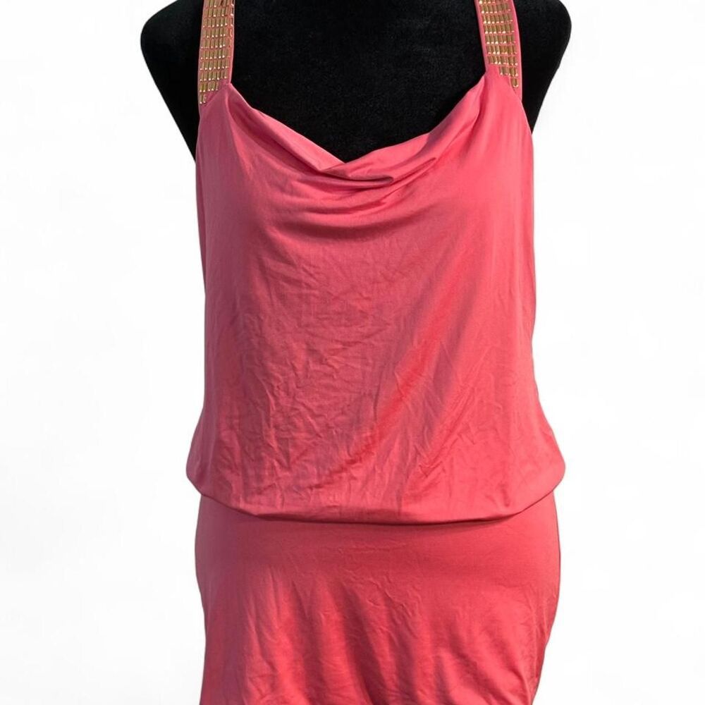 Y2K Coquette Softgirl Coral Cowl Neck Jersey Mini Dress Rhinestone Straps